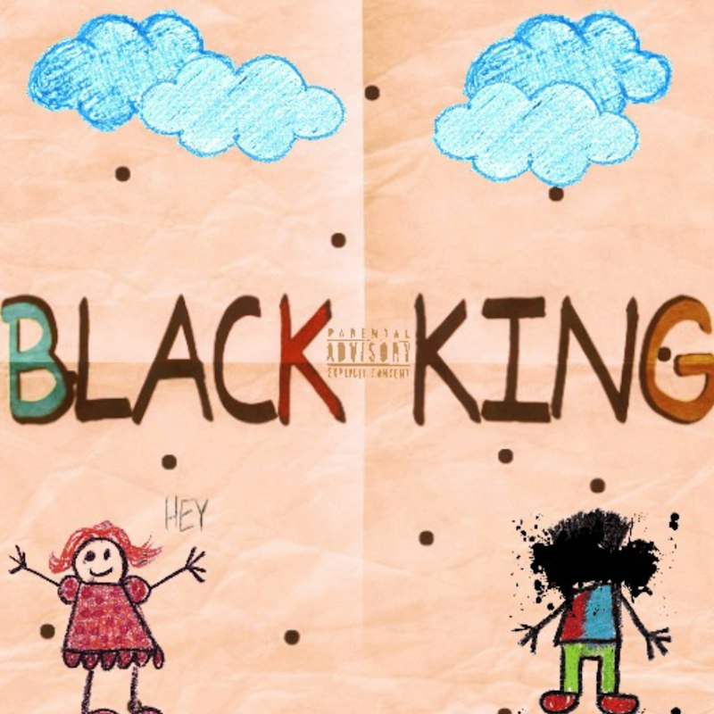 BKG's Book cover: BLACK KING in crayon letters on creased paper, with blue clouds and two stick-figure kids.